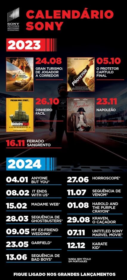 Novo calendário nacional da Sony Pictures com destaques de 2023 e 2024